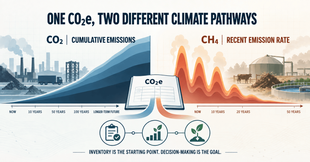 Infographic contrasting two climate pathways behind a single CO₂e figure. On the left, a blue curve labelled CO₂ — cumulative emissions rises steadily across a timeline from now to 10, 50, 100 years and the longer-term future, set against industry, freight and coal. On the right, orange pulses labelled CH₄ — recent emission rate spike and decay within roughly 10 to 50 years, set against livestock, an anaerobic digester, organic waste and wastewater treatment. A CO₂e ledger at the centre merges both into one number, above three icons for compliance inventory, reduction management and removals, with the line: inventory is the starting point, decision-making is the goal.