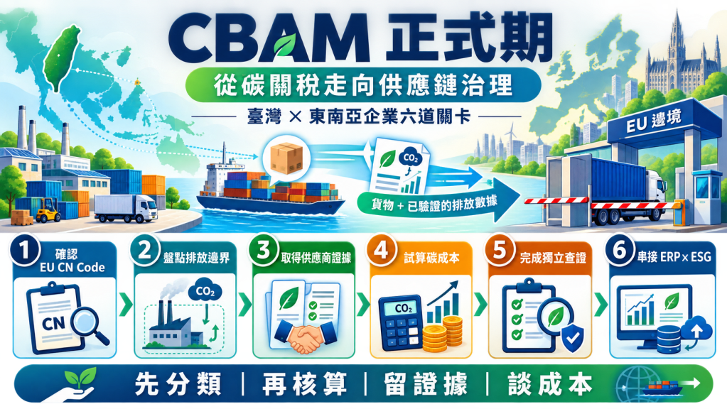 CBAM 正式期：歐洲法規標準與中國製造落地經驗，轉化為臺灣及東南亞供應鏈六道行動關卡