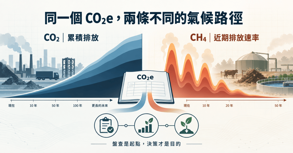 資訊圖表對照 CO₂ 與甲烷的兩條氣候路徑:左側藍色曲線代表 CO₂ 的累積排放,影響延續數十年至百年以上;右側橘色波形代表甲烷的近期排放速率,脈衝後於十餘年內衰減。中央的 CO₂e 帳本將兩者合併為單一數字,下方三個圖示依序為合規盤查、減排管理與移除,並標示「盤查是起點,決策才是目的」。