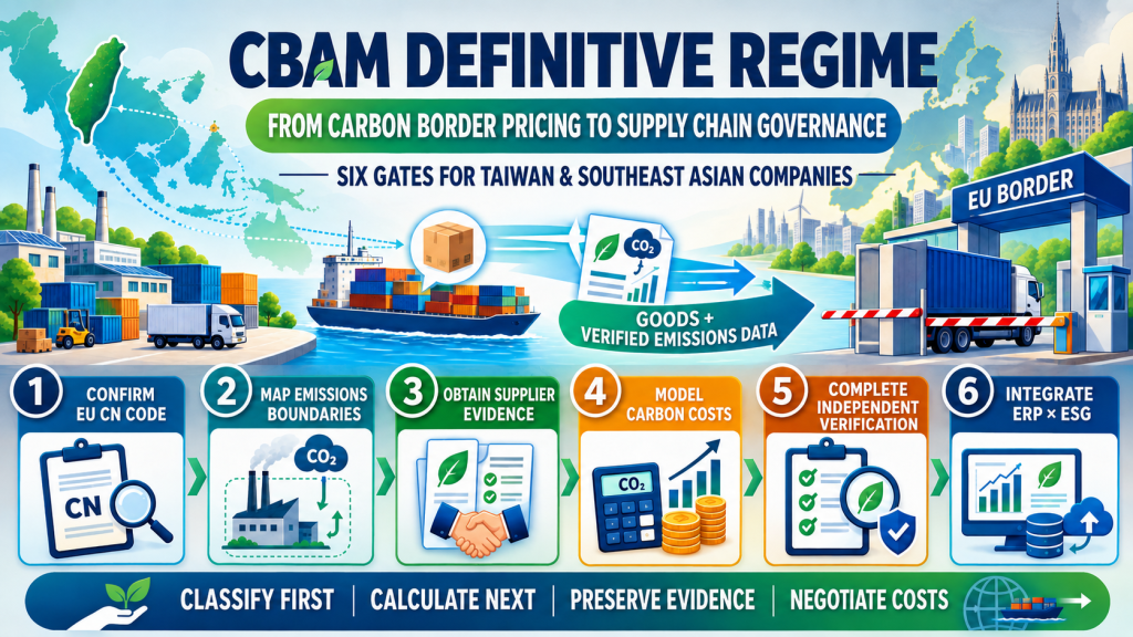 CBAM definitive regime infographic showing six supply-chain governance gates for Taiwan and Southeast Asian companies: confirm the EU CN code, map emissions boundaries, obtain supplier evidence, model carbon costs, complete independent verification, and integrate ERP with ESG systems.