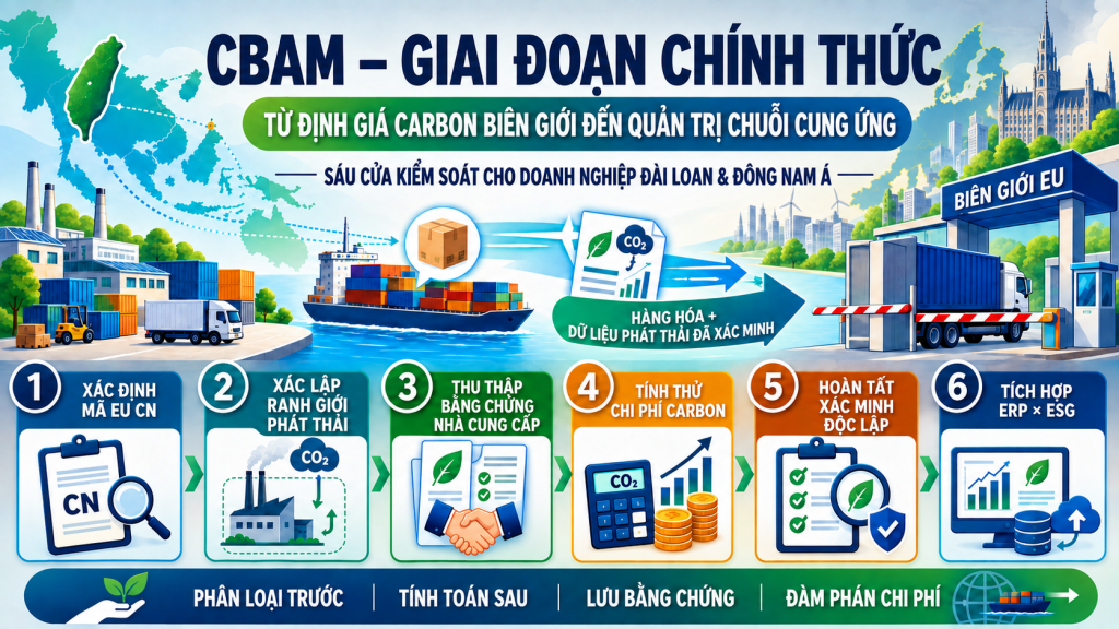 Infographic về giai đoạn chính thức của CBAM, trình bày sáu cửa kiểm soát quản trị chuỗi cung ứng dành cho doanh nghiệp Đài Loan và Đông Nam Á: xác định mã EU CN, xác lập ranh giới phát thải, thu thập bằng chứng nhà cung cấp, tính thử chi phí carbon, hoàn tất xác minh độc lập và tích hợp hệ thống ERP với ESG.