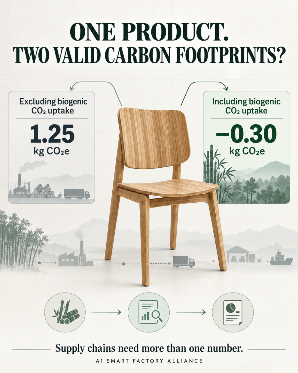 Infographic of a bamboo chair between two carbon footprint results for the same product. Left panel, set against a factory, logs and a truck: excluding biogenic CO₂ uptake, 1.25 kg CO₂e. Right panel, set against bamboo forest: including biogenic CO₂ uptake, −0.30 kg CO₂e. Below, a cradle-to-gate supply chain runs from bamboo forest through factory and truck to warehouse and ship, followed by three icons for raw material, data analysis and report. Caption: supply chains need more than one number. A1 Smart Factory Alliance.