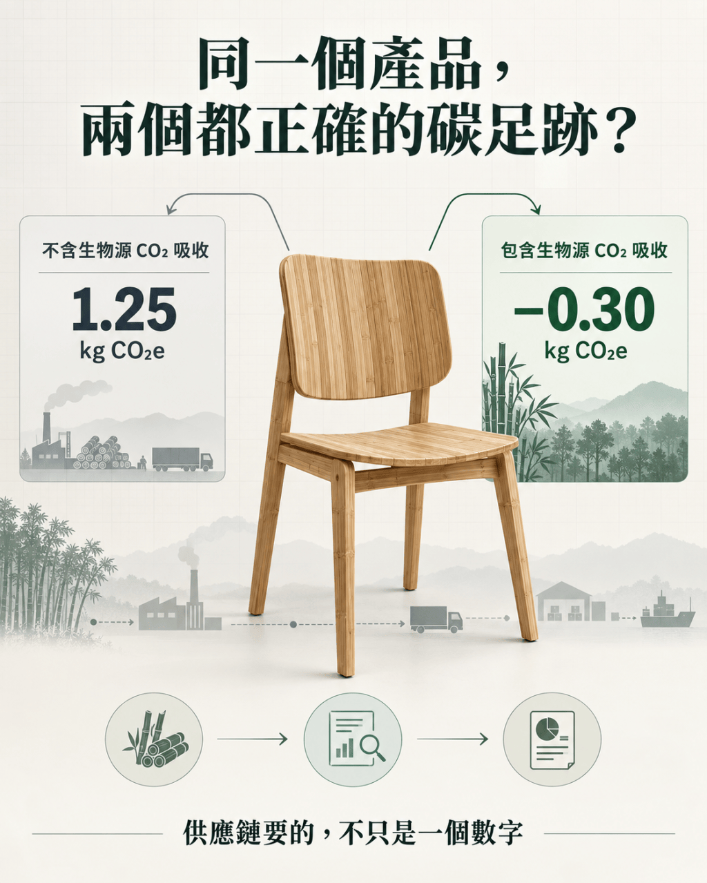 資訊圖表：一張竹製椅子位於同一產品的兩個碳足跡結果之間。左側面板以工廠、原木與貨車為背景，標示「不含生物源 CO₂ 吸收：1.25 kg CO₂e」；右側面板以竹林為背景，標示「包含生物源 CO₂ 吸收：−0.30 kg CO₂e」。下方為從竹林、工廠、貨車到倉庫與船運的搖籃到大門供應鏈，接著是原料、數據分析與報告三個圖示，底部標語為「供應鏈要的，不只是一個數字」。