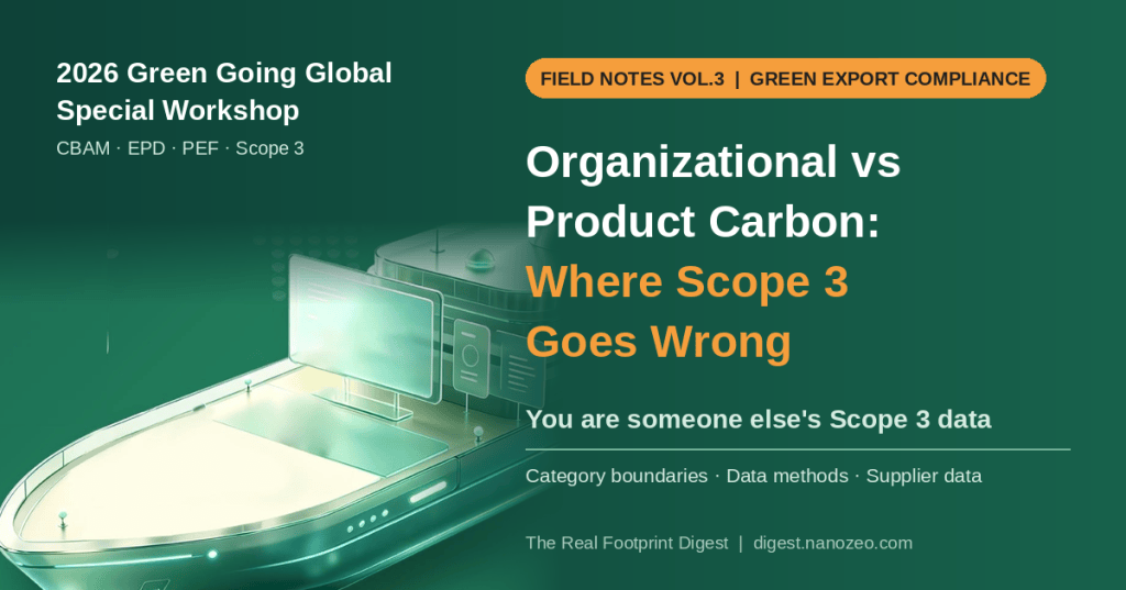 Green cover image: an illustrated cargo ship on the left with the workshop name, and on the right the title 'Organizational vs Product Carbon: Where Scope 3 Goes Wrong', subtitle 'You are someone else's Scope 3 data', and key points: category boundaries, data methods, supplier data.